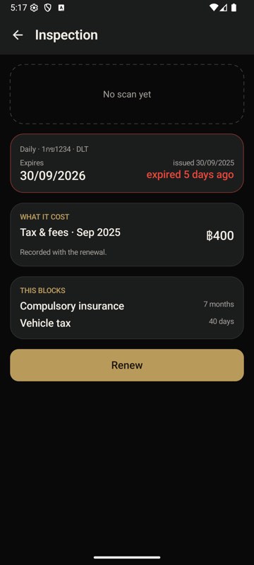 GARIO on Android: an Inspection document that has expired, with the compulsory insurance and vehicle tax renewals it blocks listed below.