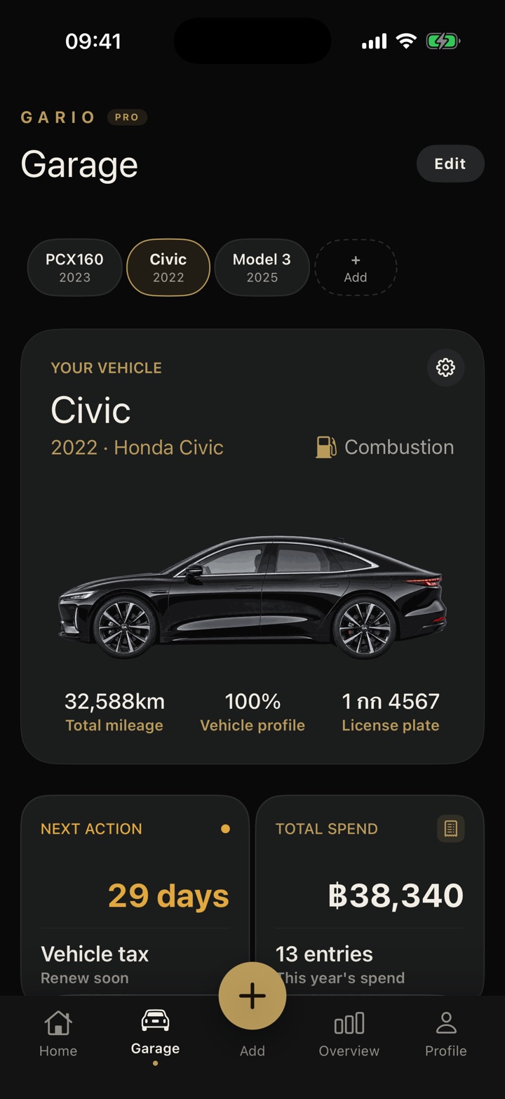 GARIO on iPhone: the Garage screen with a black Honda Civic on its vehicle card, 32,588 km, a licence plate, and vehicle tax due in 29 days.