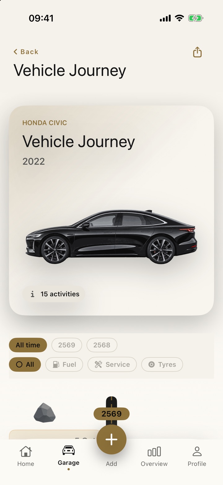 GARIO on iPhone: the Vehicle Journey screen, with the same car on a header card and a timeline of 15 activities below it.